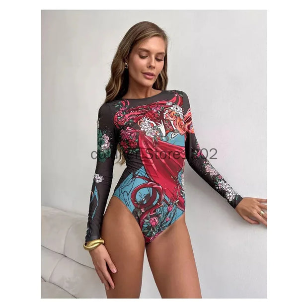 2025 Fashion Sexy Swimsuit 3d Digital Printing Women's Swimsuit Bikini Suit Long Sleeve Sun Protection Surfing Swimsuit Bathing