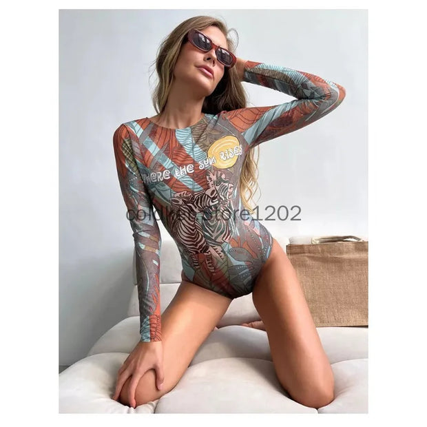 2025 Fashion Sexy Swimsuit 3d Digital Printing Women's Swimsuit Bikini Suit Long Sleeve Sun Protection Surfing Swimsuit Bathing