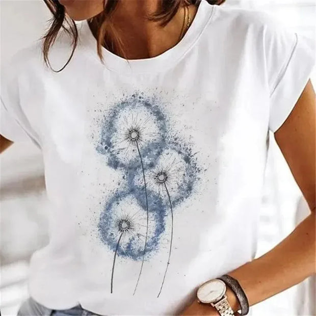 Women’s Dandelion Watercolor Tee – 90s Style Short Sleeve.