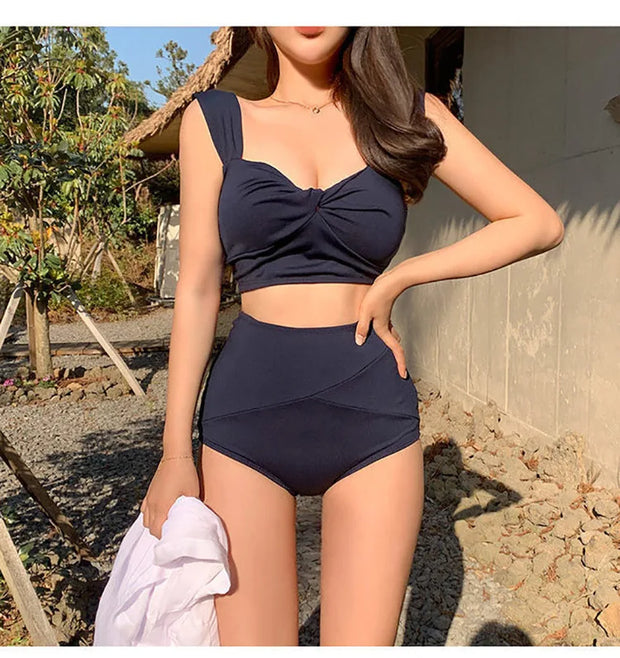 Korean Style Mid-Waist Bikini Set – Solid Two-Piece Swimwear.