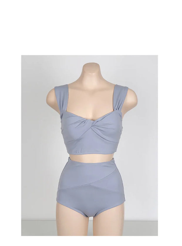 Korean Style Mid-Waist Bikini Set – Solid Two-Piece Swimwear.