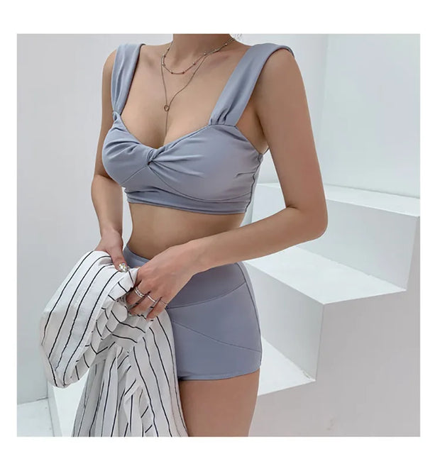 Korean Style Mid-Waist Bikini Set – Solid Two-Piece Swimwear.