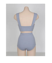 Korean Style Mid-Waist Bikini Set – Solid Two-Piece Swimwear.