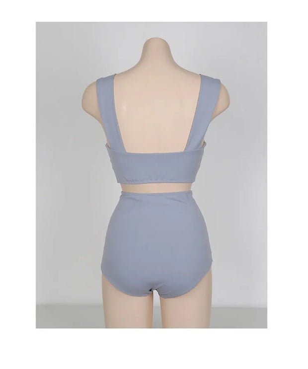 Korean Style Mid-Waist Bikini Set – Solid Two-Piece Swimwear.