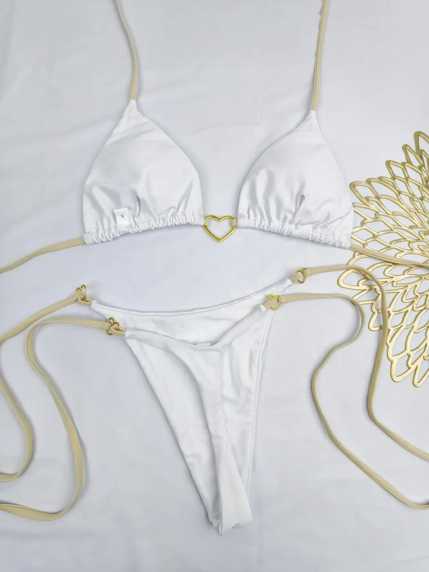 Solid White Bikini Set – Fashionable Lace-Up Design.