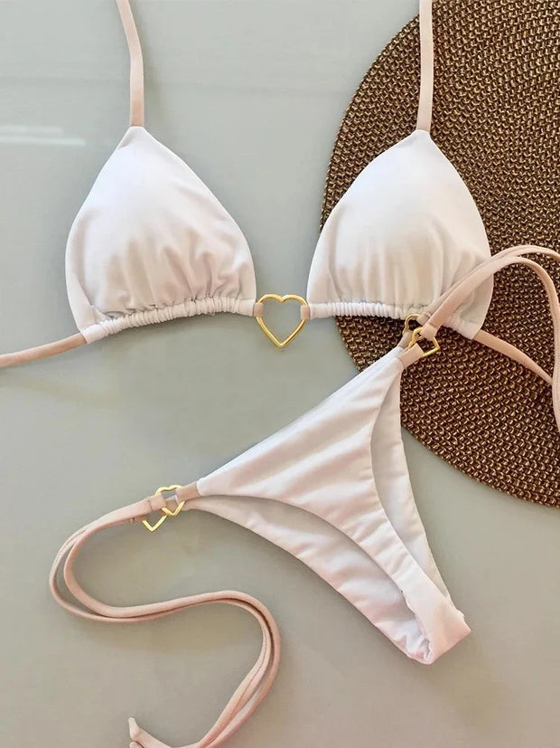 Solid White Bikini Set – Fashionable Lace-Up Design.