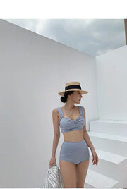 Korean Style Mid-Waist Bikini Set – Solid Two-Piece Swimwear.