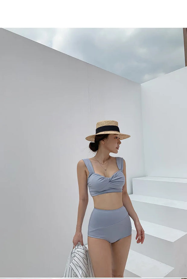 Korean Style Mid-Waist Bikini Set – Solid Two-Piece Swimwear.