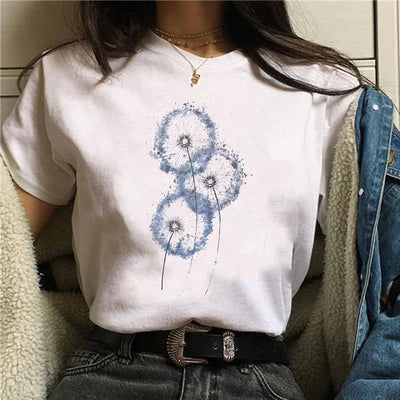 Women’s Dandelion Watercolor Tee – 90s Style Short Sleeve.