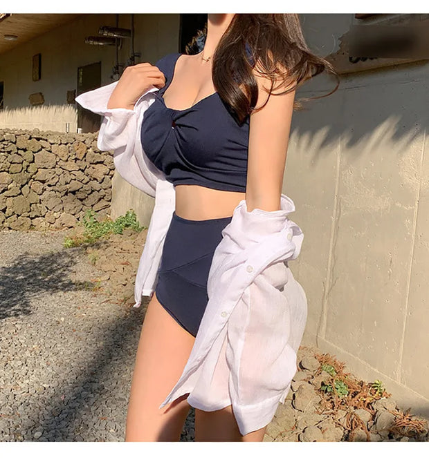 Korean Style Mid-Waist Bikini Set – Solid Two-Piece Swimwear.
