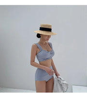 Korean Style Mid-Waist Bikini Set – Solid Two-Piece Swimwear.