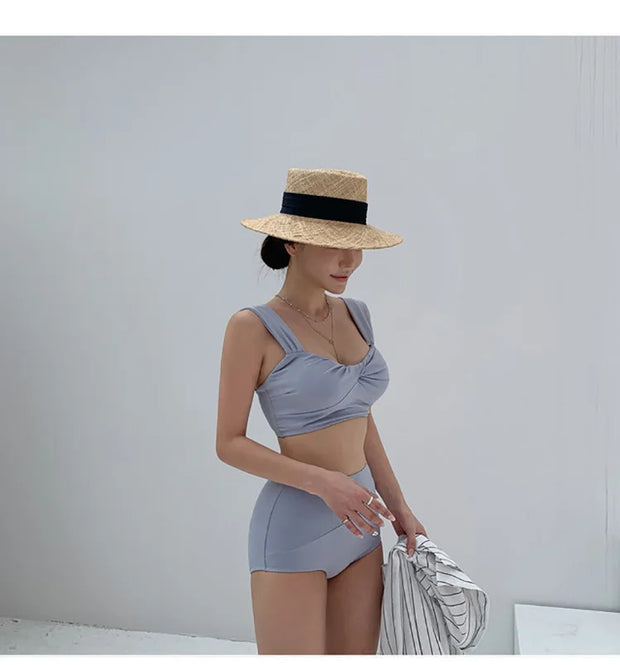 Korean Style Mid-Waist Bikini Set – Solid Two-Piece Swimwear.