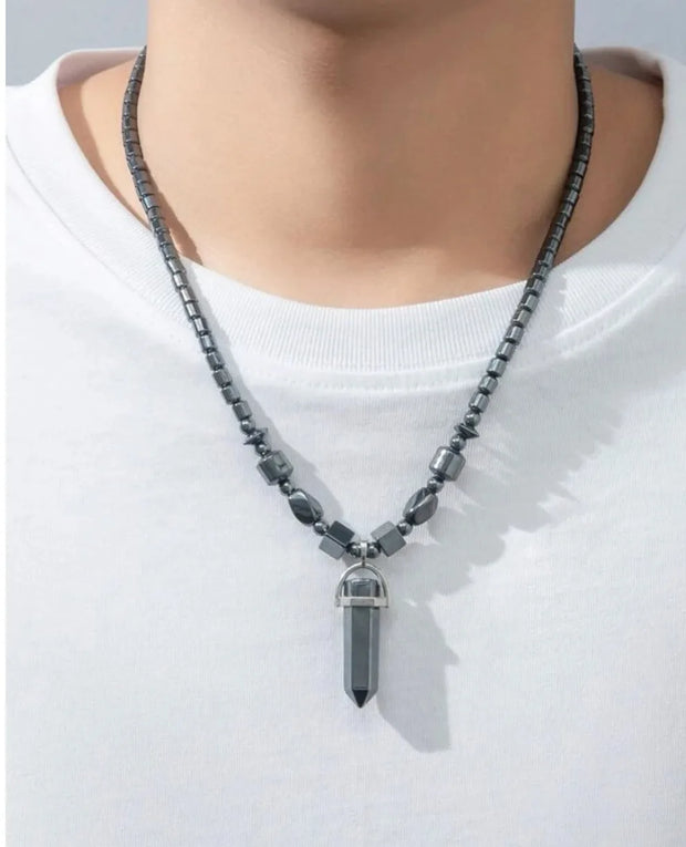 Mens Pearl Necklace with Hematite  Men Gemstones Necklace  Stone Necklace Onyx Mens Necklace